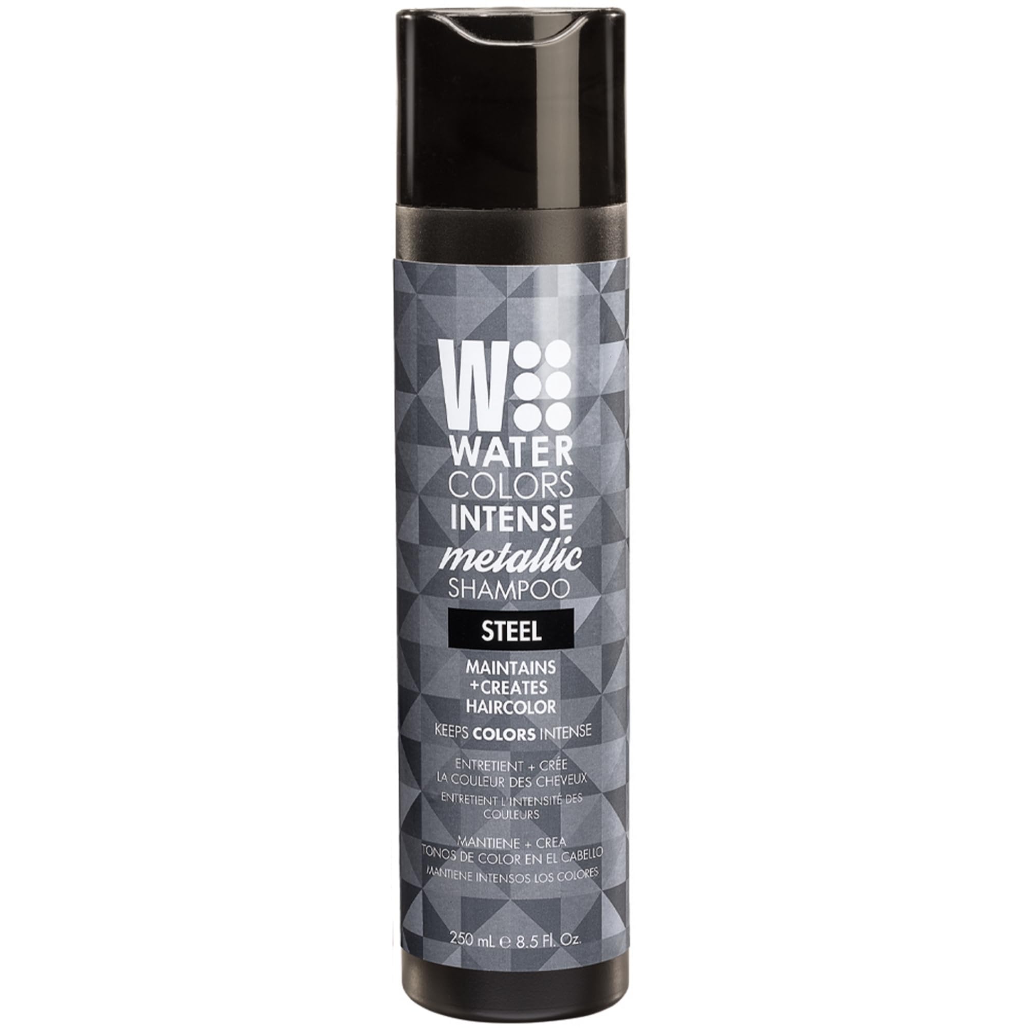 Watercolors Steel shampoo front shows color deposit for refreshing shade between salon visits.