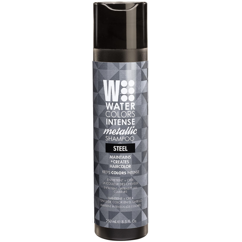 Watercolors Steel shampoo front shows color deposit for refreshing shade between salon visits.