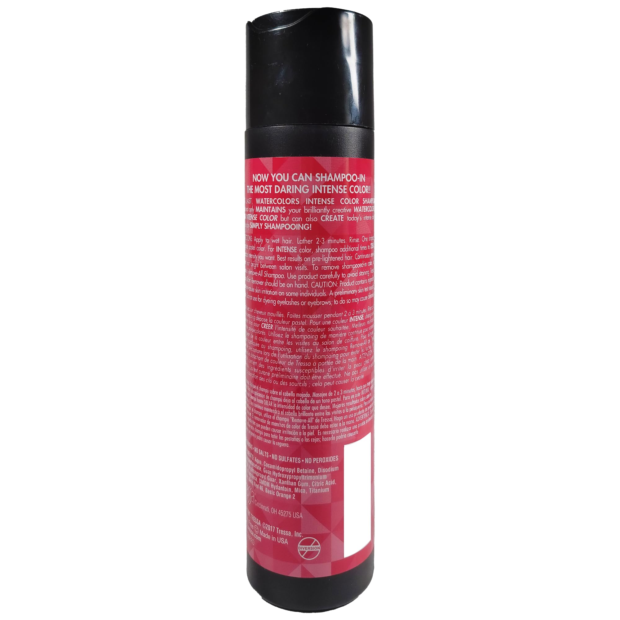 Watercolors Intense Red bottle displays a glossy finish that hints at conditioning benefits.