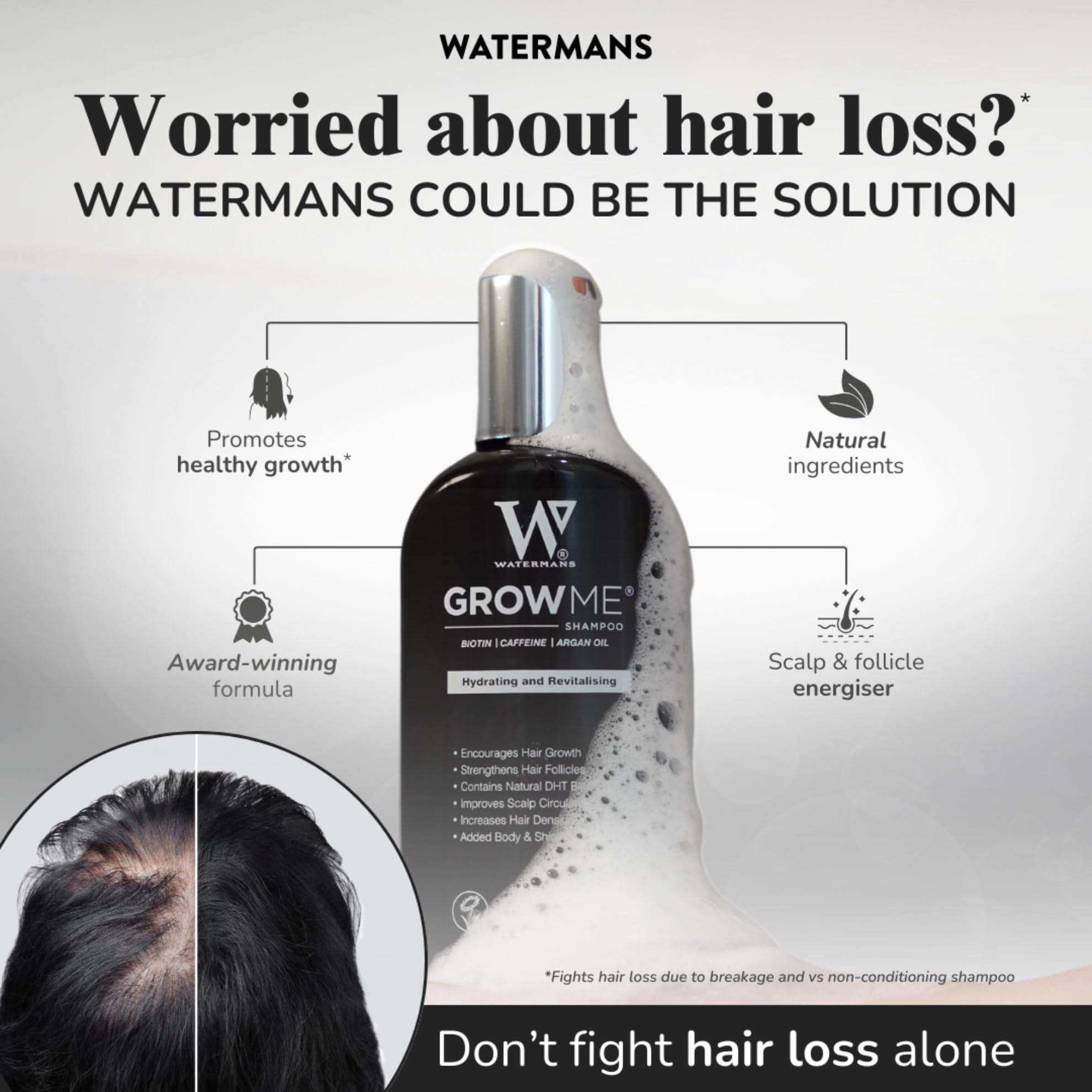 Watermans Grow Me conditioner bottle for shine and easier detangling.