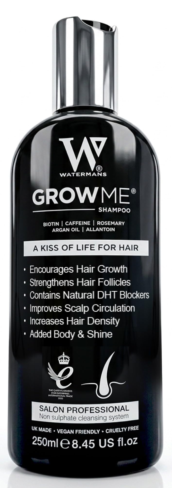 Watermans front label showing product benefits and volume