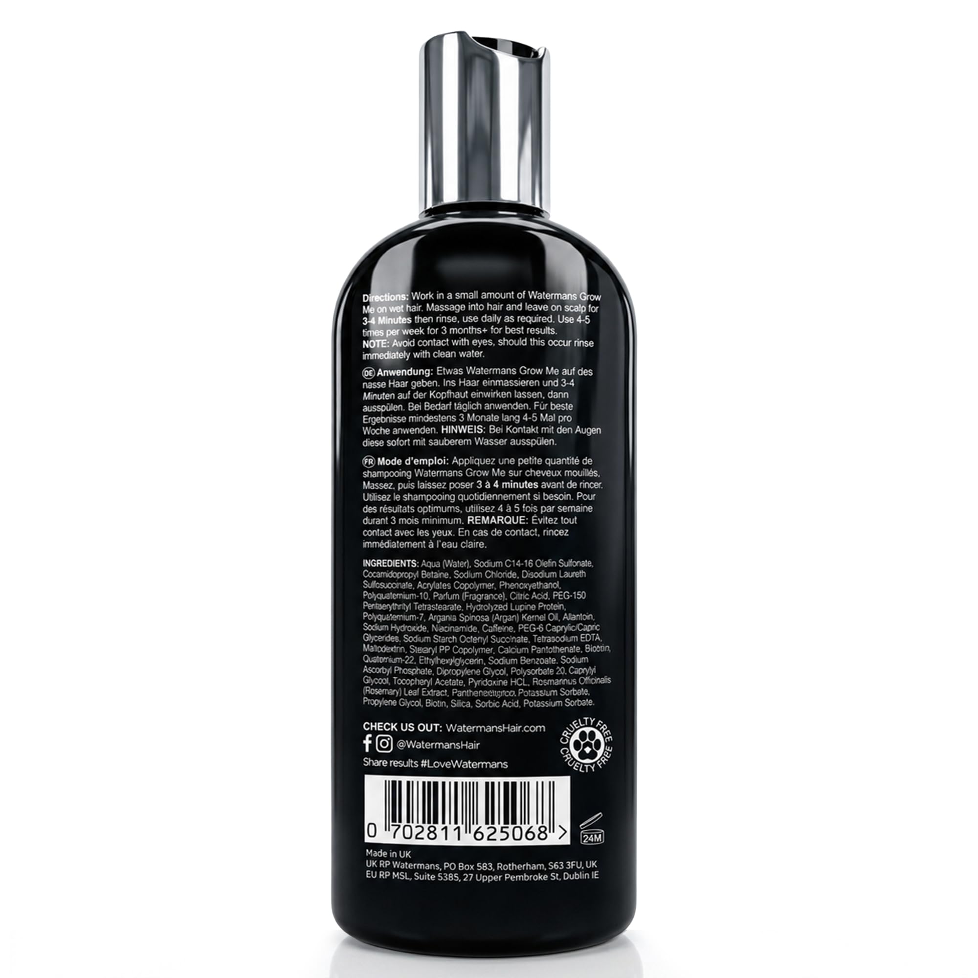 Watermans back label highlighting ingredients directions and claims