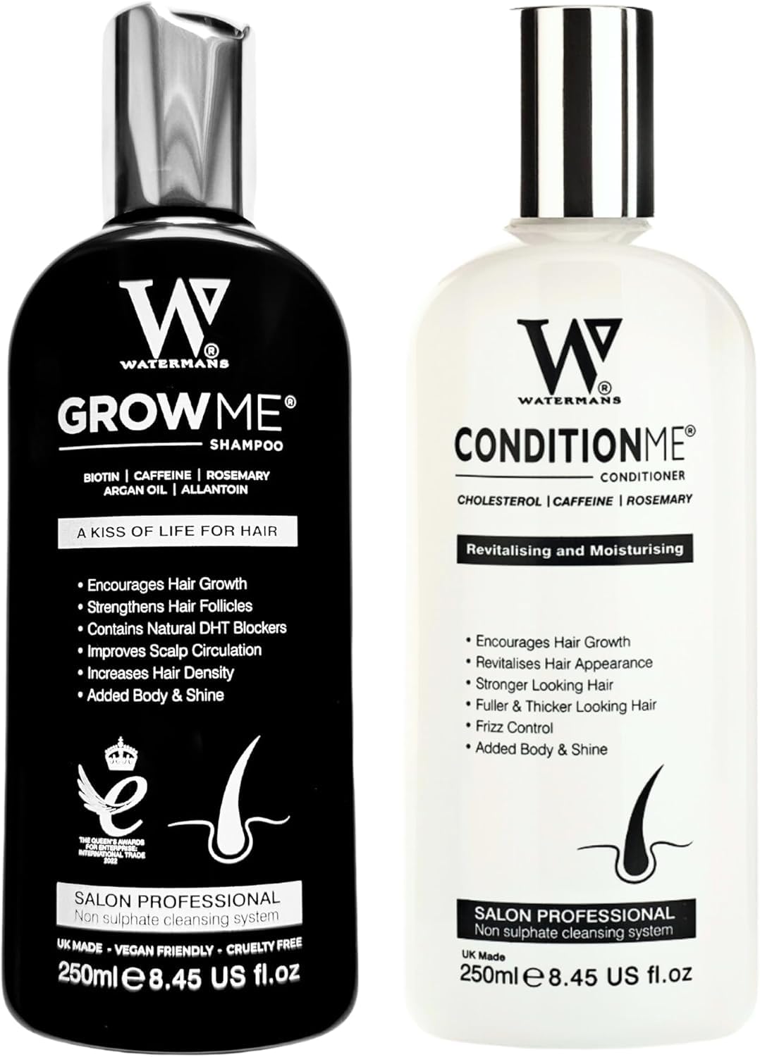 Watermans Grow Me shampoo bottle features biotin boost for thicker-looking hair.
