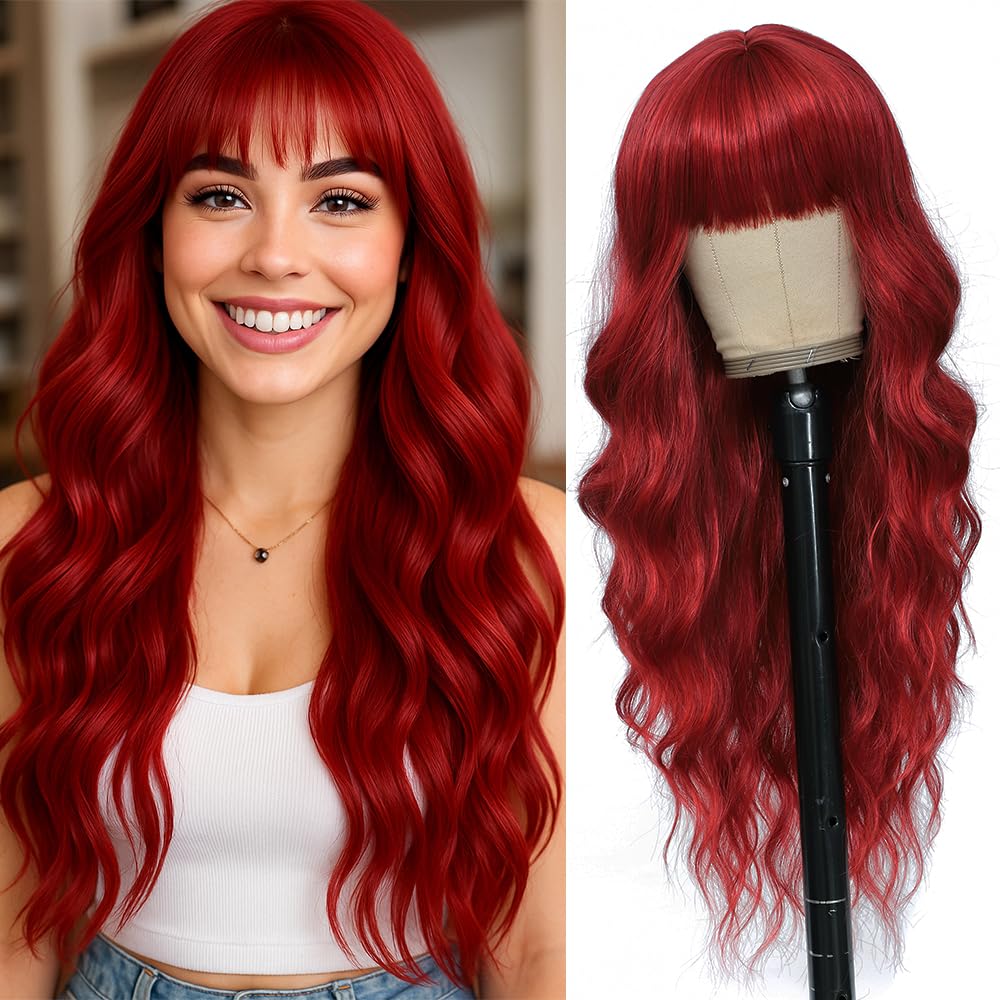 Wave&Breeze long red wig front view highlights natural waves for everyday elegance