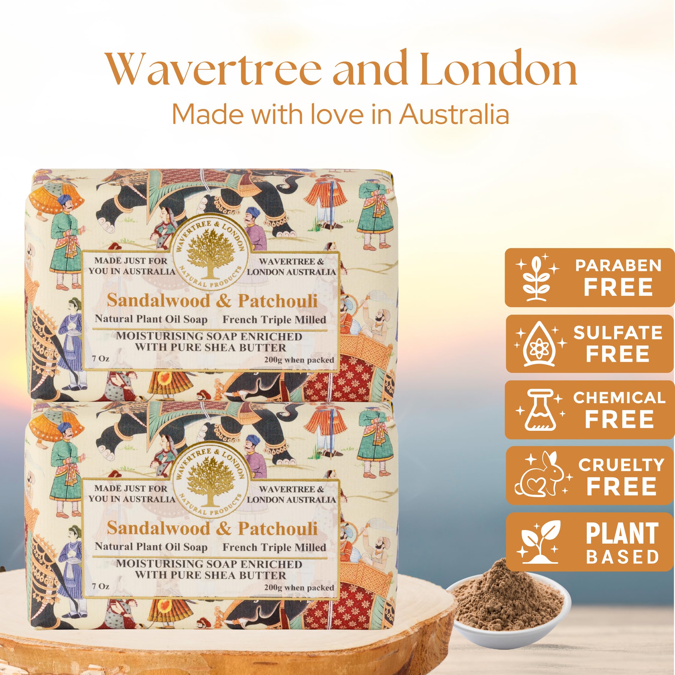 Wavertree & London sandalwood-patchouli soap bar close-up shows luxurious glycerin-rich cream for moisturizing skin.