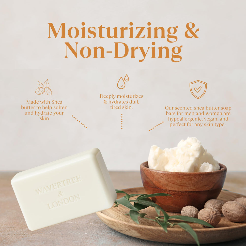 Wavertree & London French triple milled soap artwork on shelf evokes premium bathroom aesthetic.