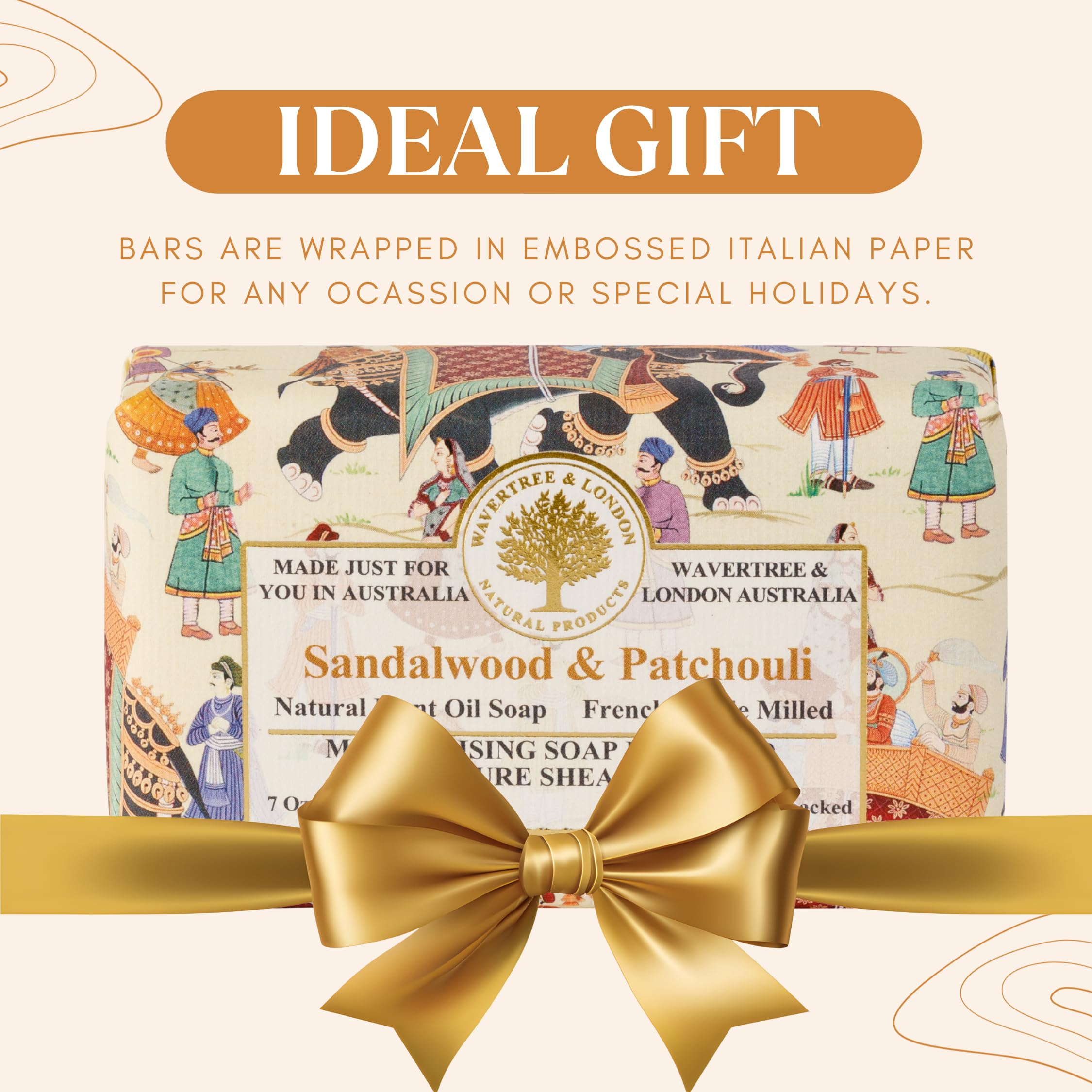 Wavertree & London gift-ready soap bar packaging highlighting natural ingredients.