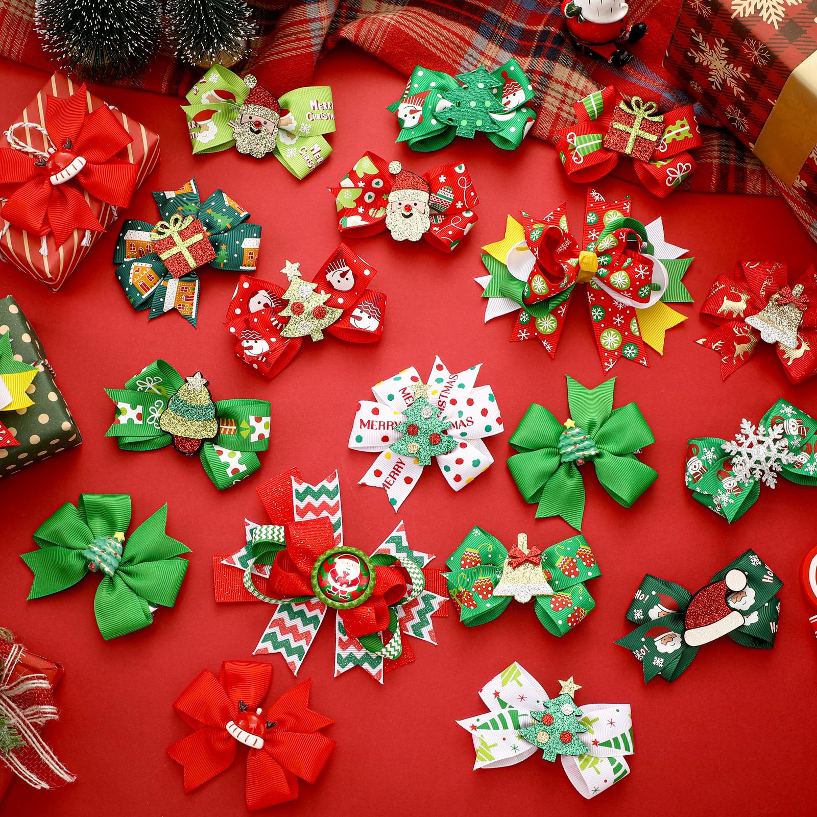 Wavyknot Christmas bow worn as hair accessory or bag charm.