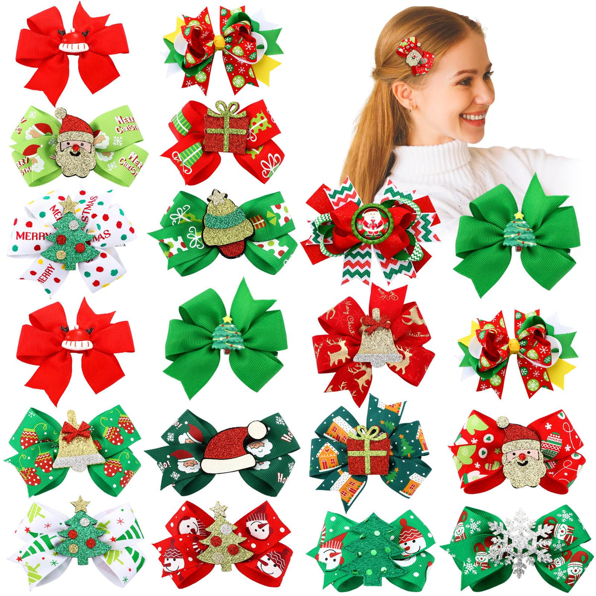 Wavyknot Christmas bow red green close-up, adds festive flair to hair.