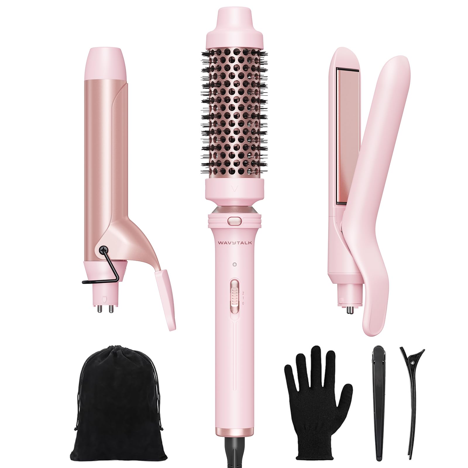 Wavytalk 3 in 1 curling wand set pink in hand for versatile styling results.