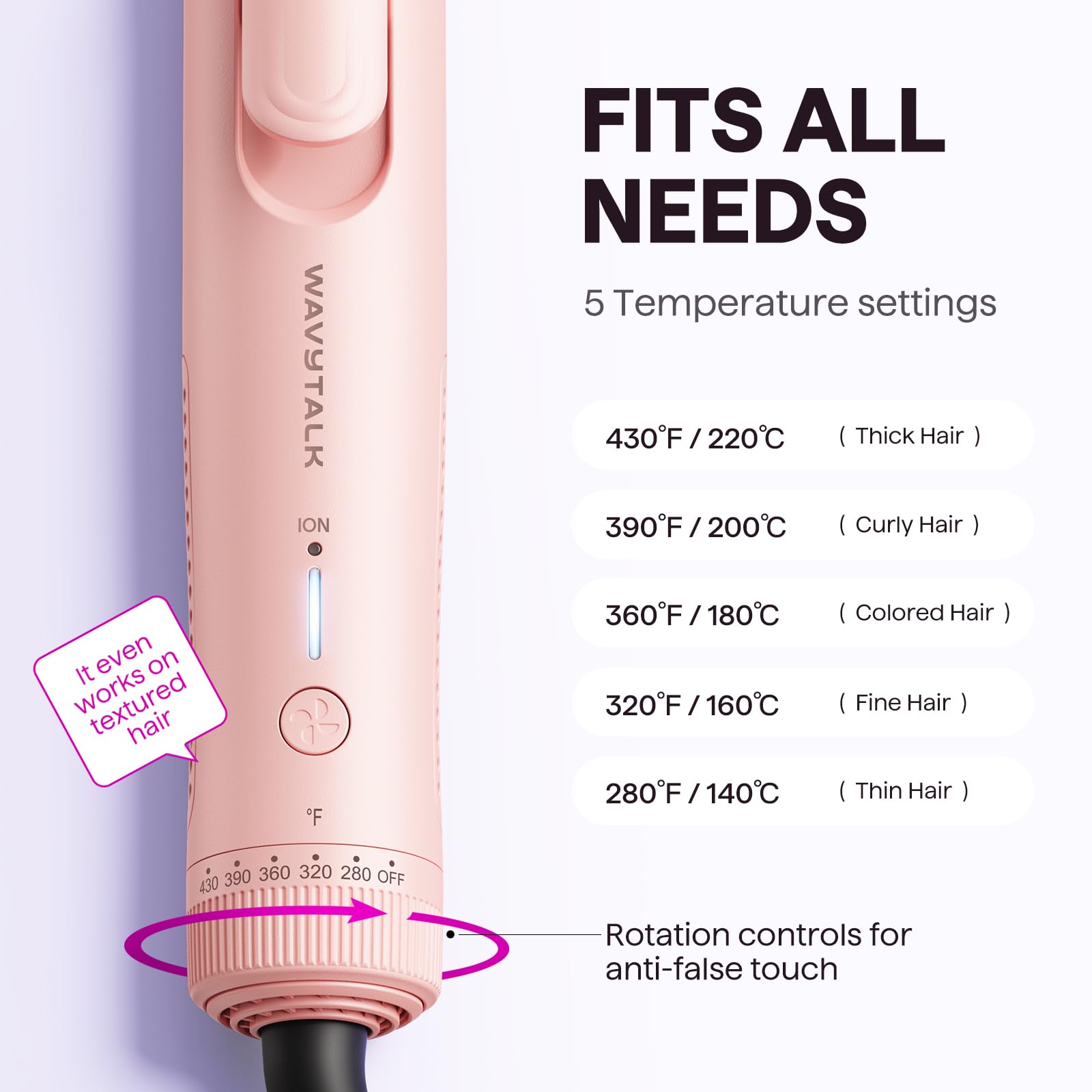 Wavytalk Airflow Styler 3D-floating plates enable tug-free glide.