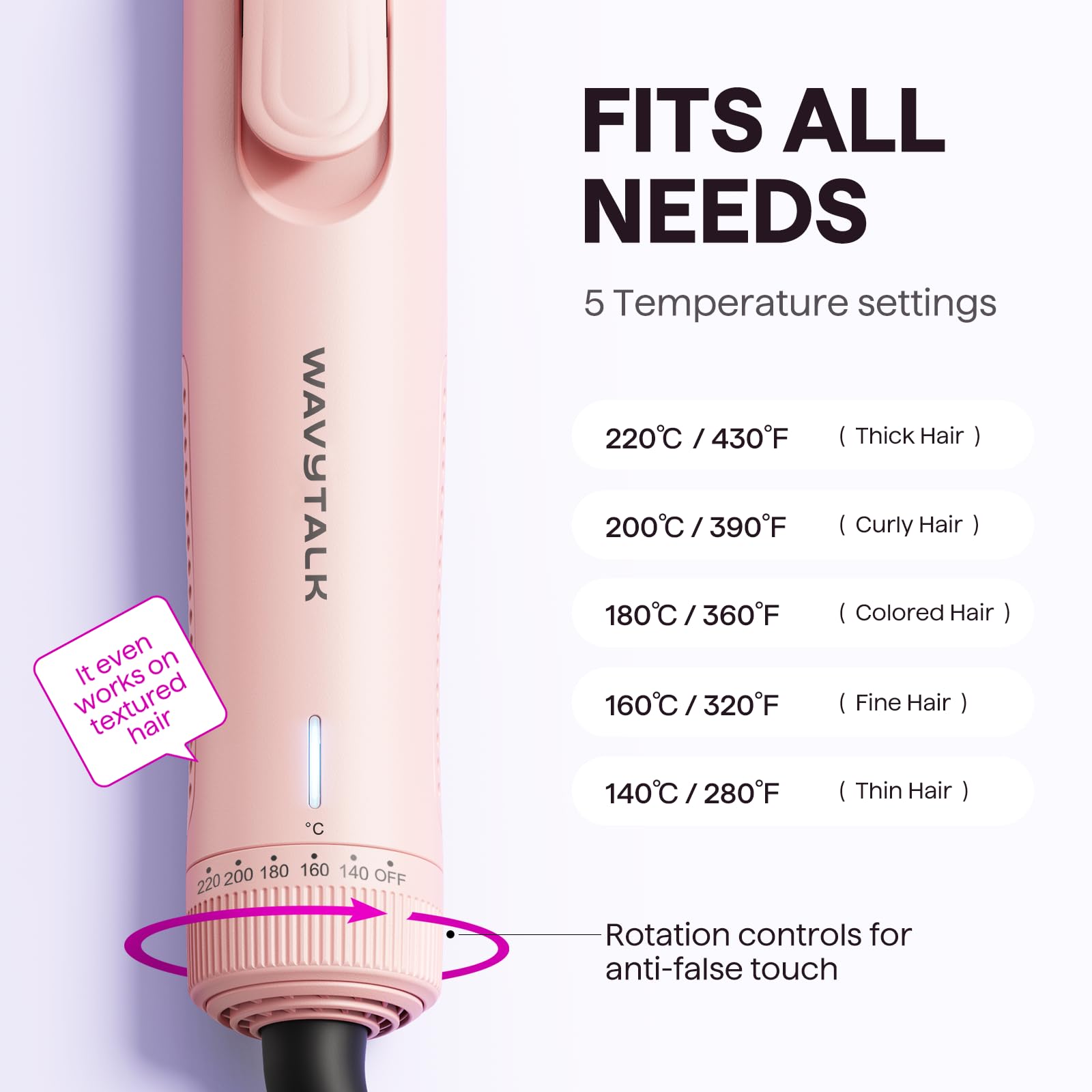 Wavytalk Airflow Styler anti-scald handle enhances safe styling.
