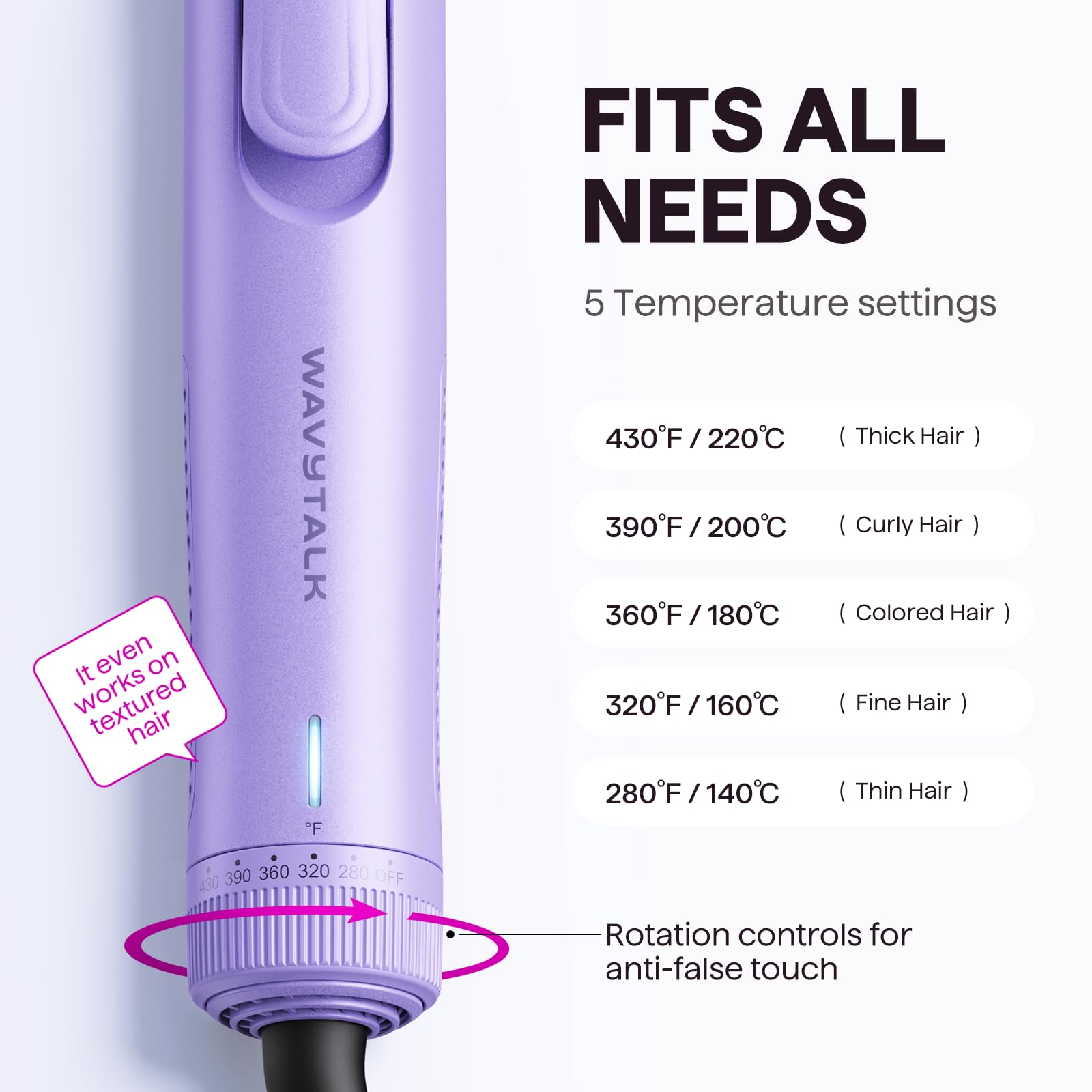 Wavytalk Airflow Styler anti-scald housing highlights safety-focused design.