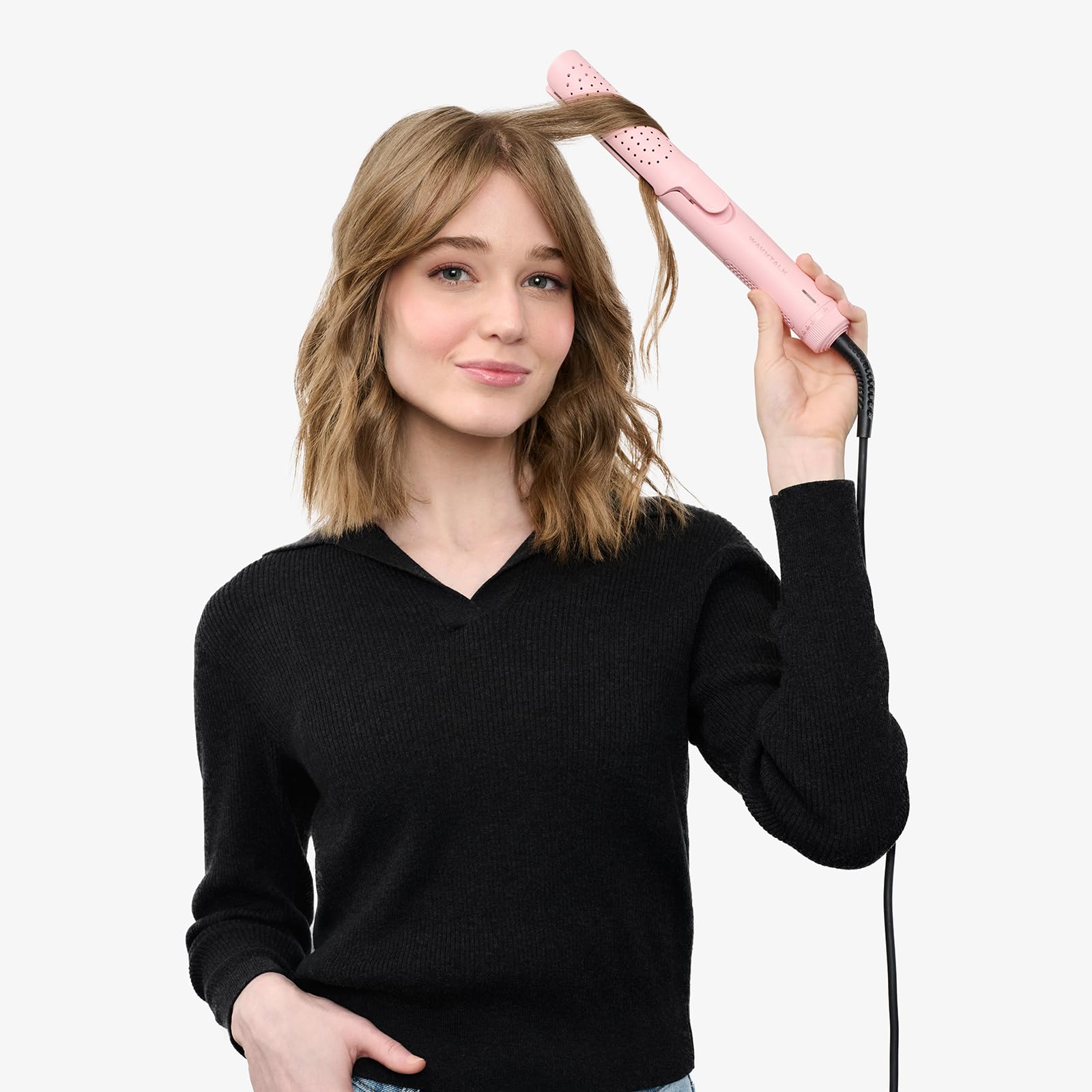 Wavytalk Airflow Styler purple in-use image shows 2-in-1 styling for different lengths.