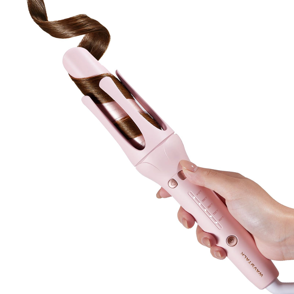 Wavytalk automatic curling iron pink front view showing compact design for easy styling