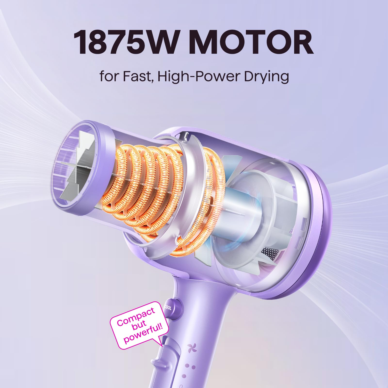 Wavytalk compact design dryer fits comfortably in hand for quick styling.