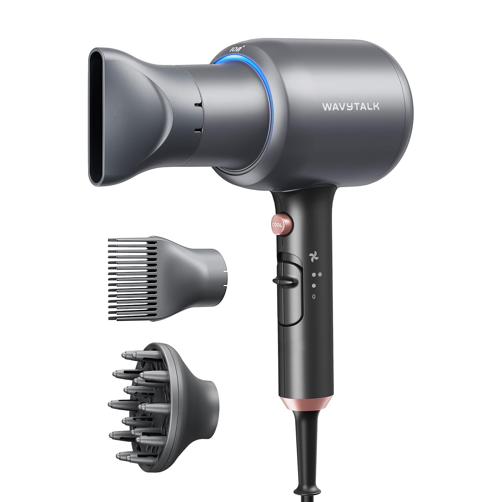 Wavytalk Blow Dryer front view shows grey body and 1875W power for rapid drying.
