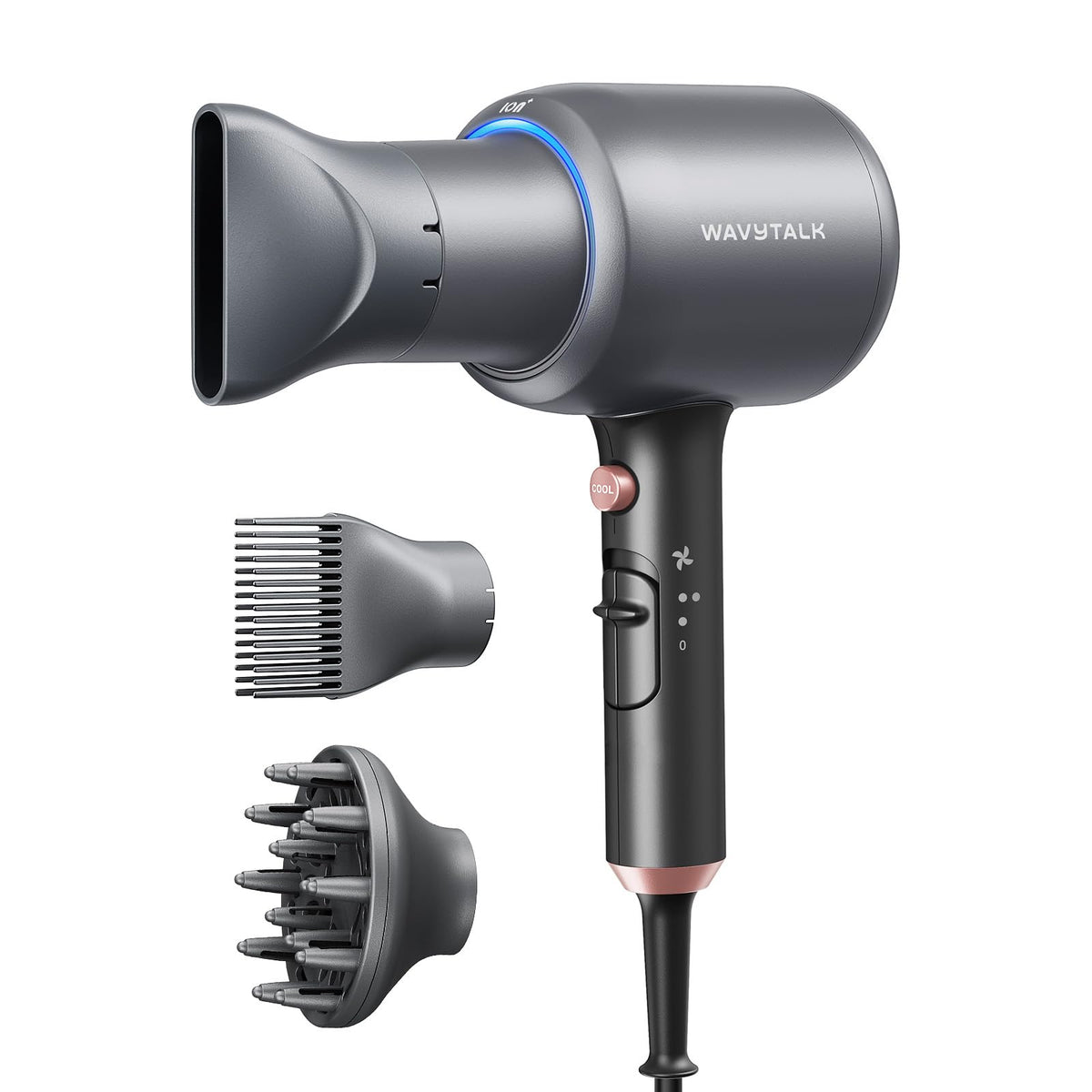 Wavytalk Blow Dryer front view shows grey body and 1875W power for rapid drying.