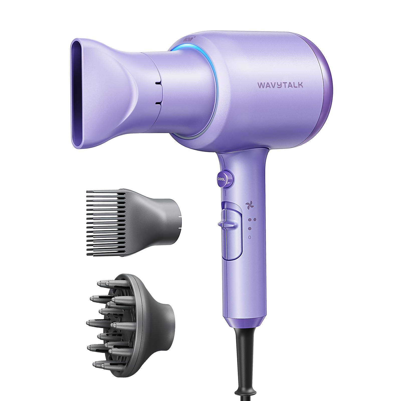 Wavytalk blow dryer front view shows compact design for precise styling.