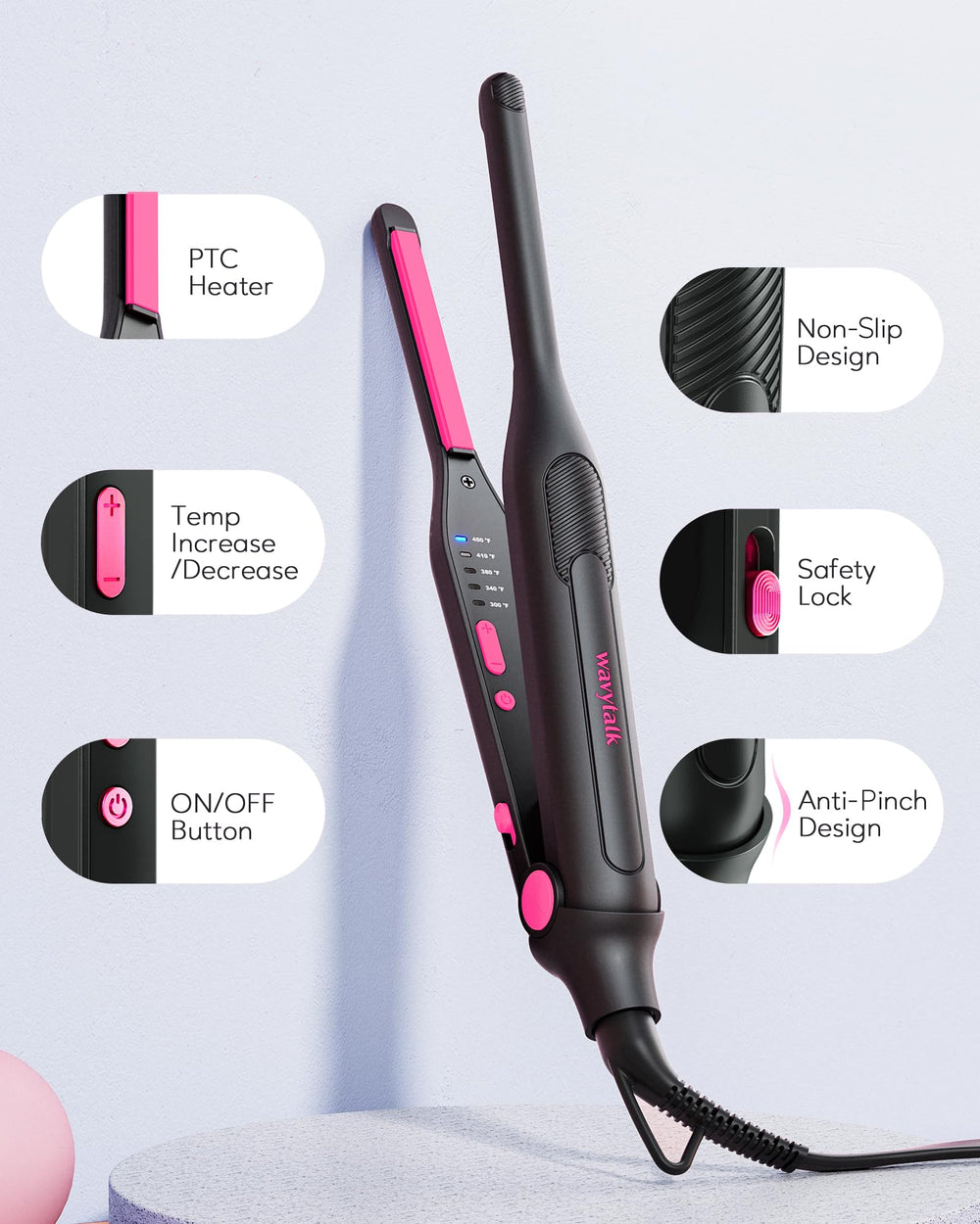 Wavytalk compact travel pouch accompanies the mini straightener for safe portability.