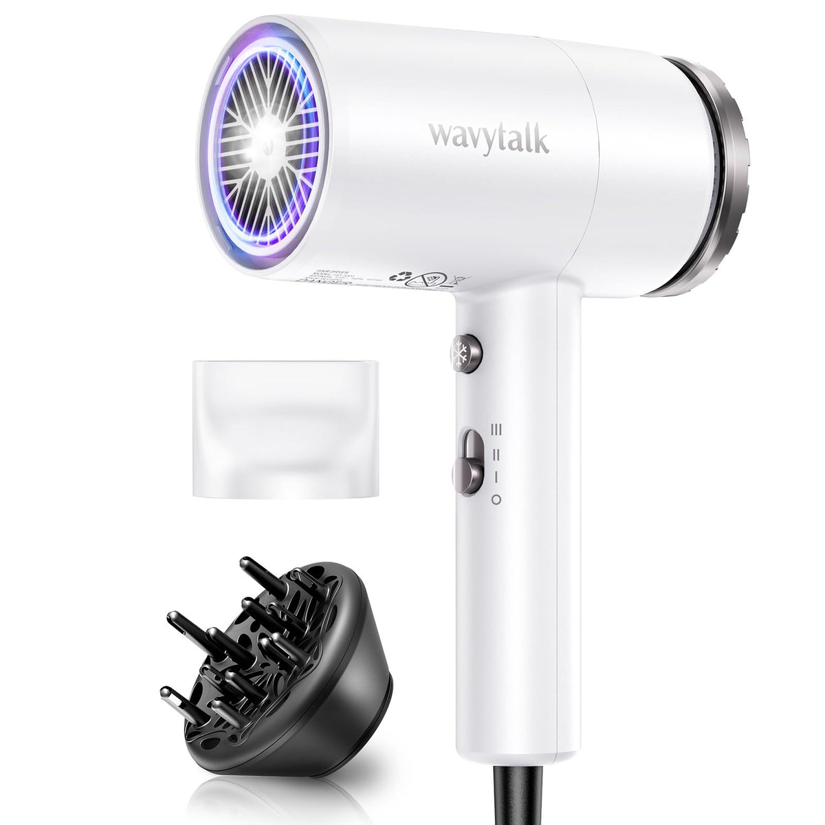 Wavytalk hair dryer front view shows a compact, easy-to-hold design for quick dries.