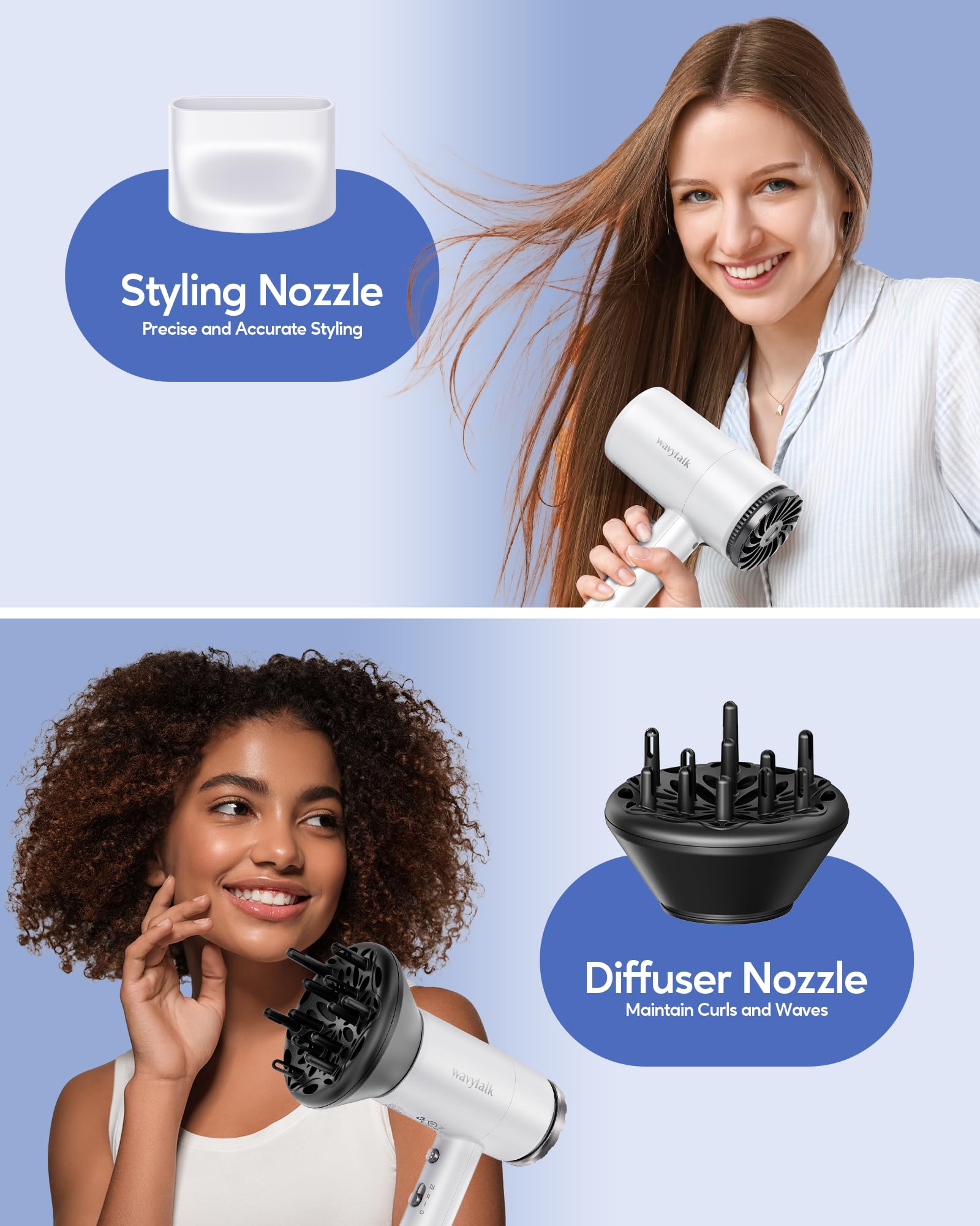 Wavytalk hair dryer ionic technology helps reduce frizz and shine.