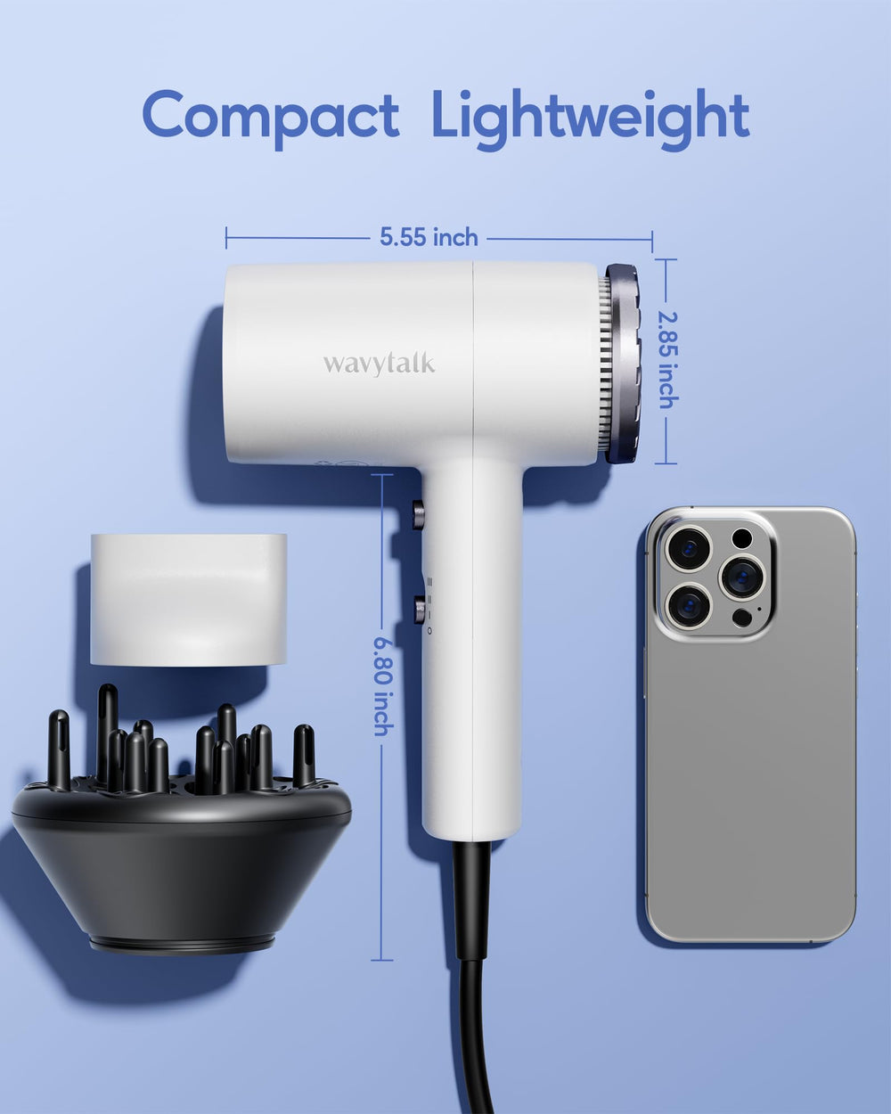 Wavytalk hair dryer white color suits any vanity or travel bag.