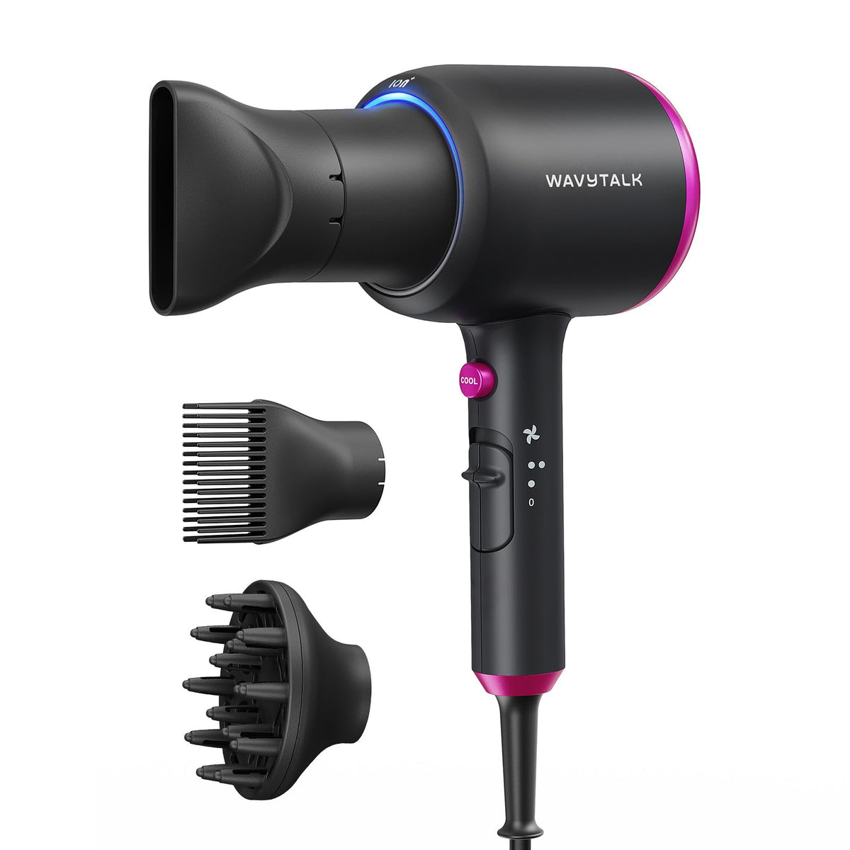 Wavytalk hair dryer with diffuser delivers fast drying for a smooth, frizz-free finish.