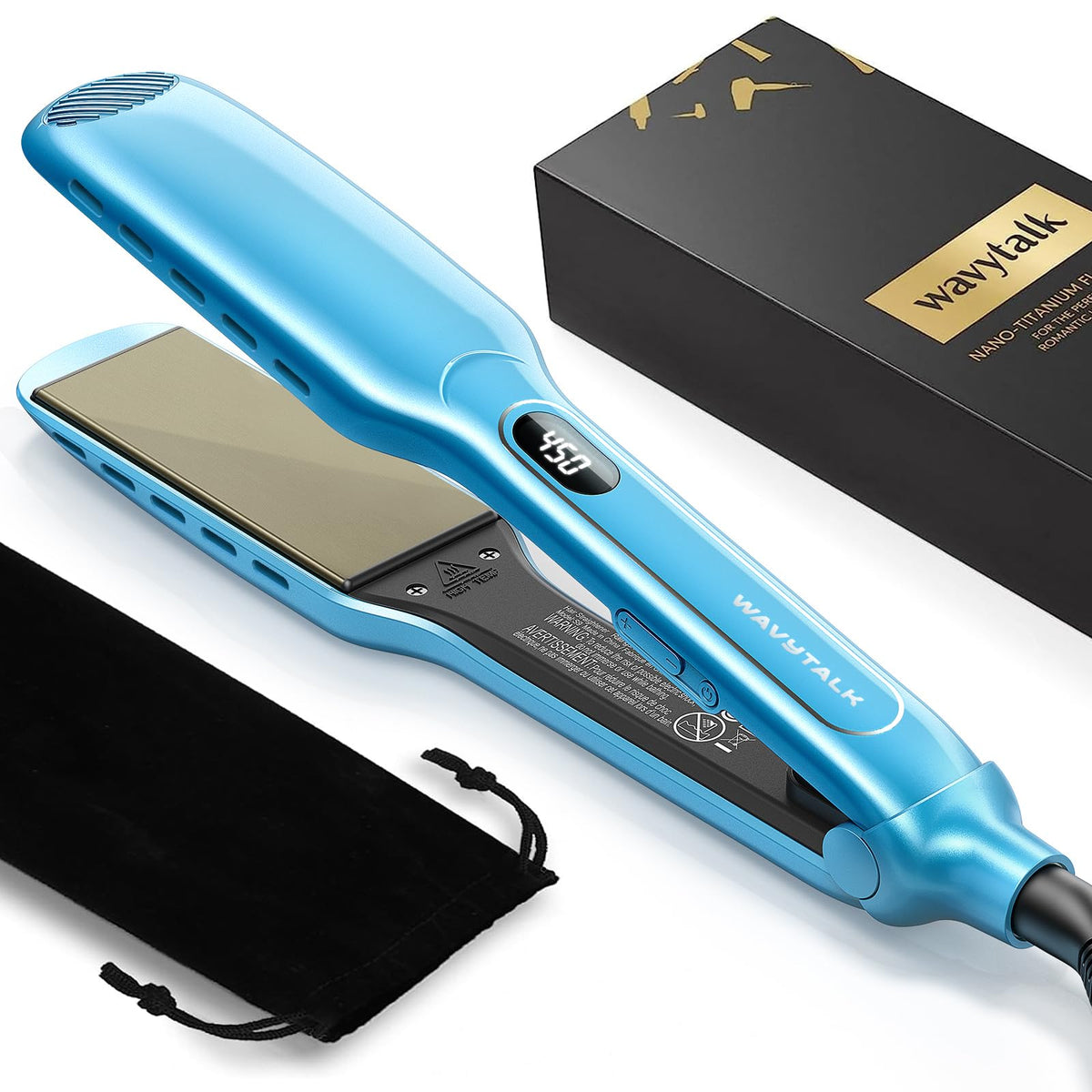 Wavytalk hair straightener blue angled view for quick, even heat styling