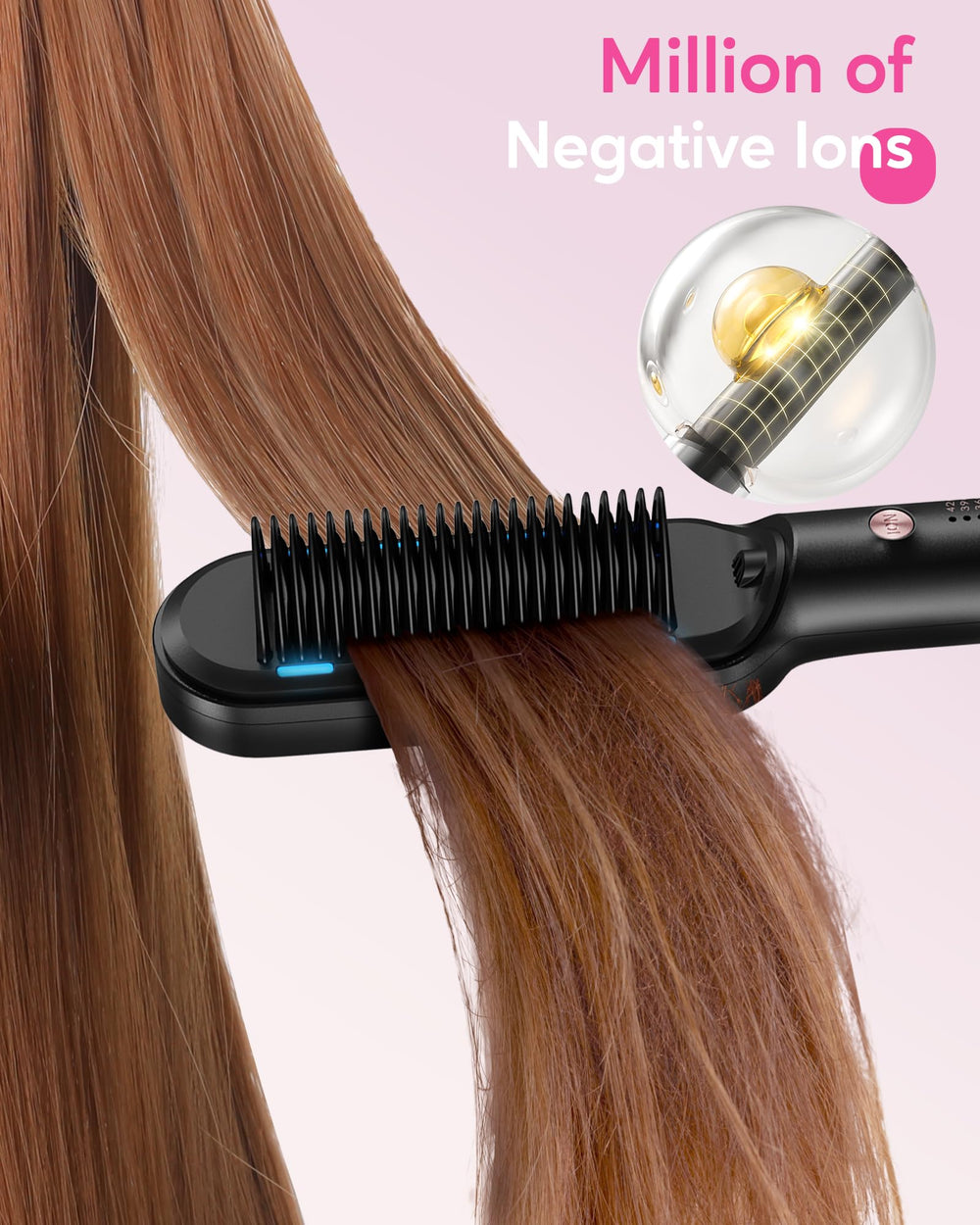 Wavytalk hair straightener brush in-use rose-gold finish delivering balanced heat styling