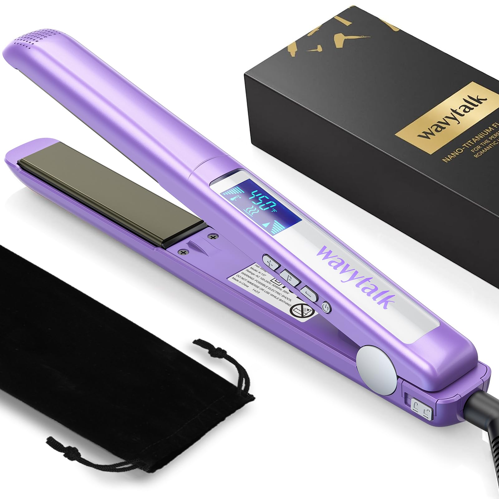 Wavytalk Pro flat iron close-up shows titanium plates for even heat and shine.