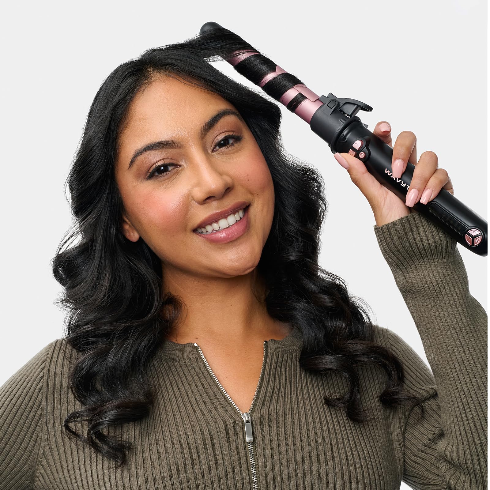Wavytalk purple 1-inch rotating curling iron front view highlights sleek color and heat settings.