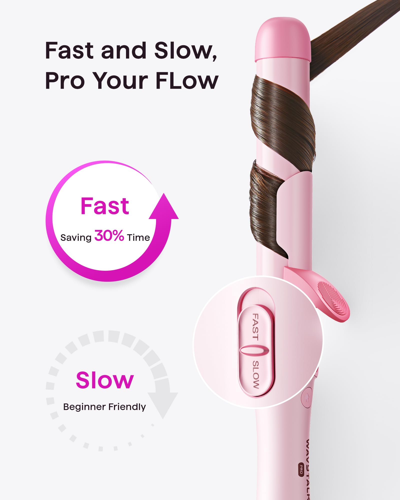 Wavytalk curling iron extended clip design for secure sections and tangle-free styling.