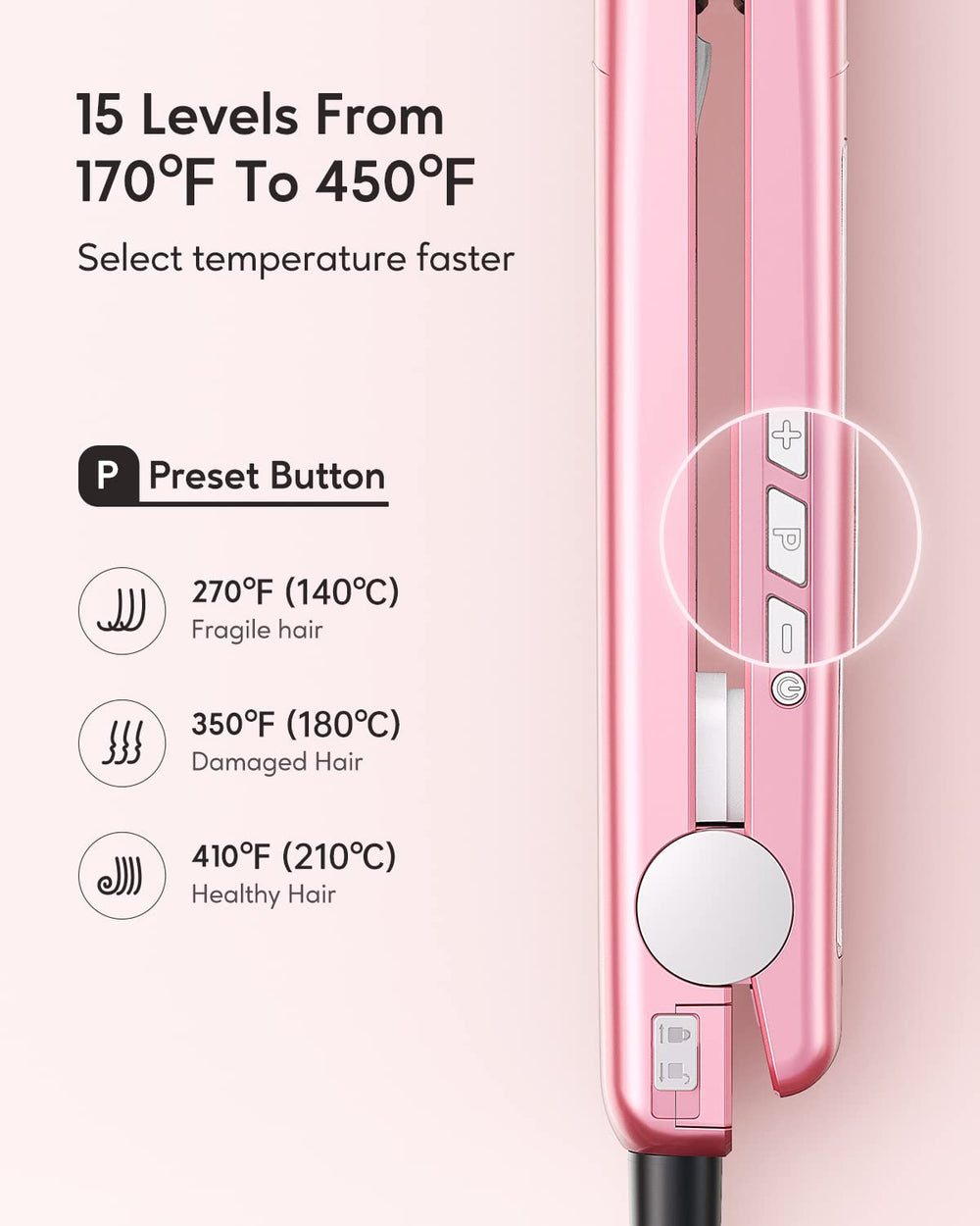 Wavytalk Salon Flat Iron Rose Gold preset buttons highlight quick temperature options