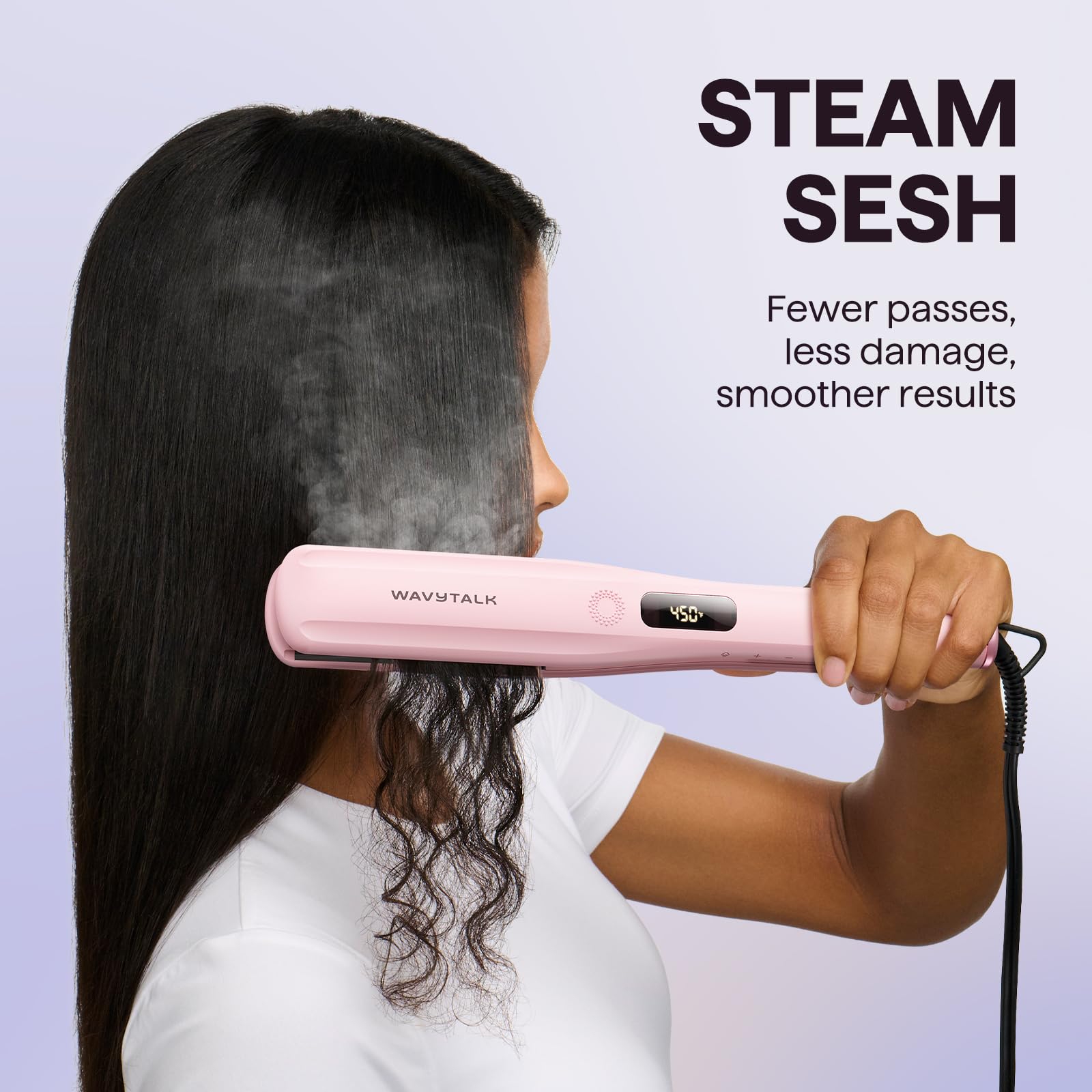 Wavytalk Steam Sesh nano titanium plates closeup ensures even heat and snag-free straightening.
