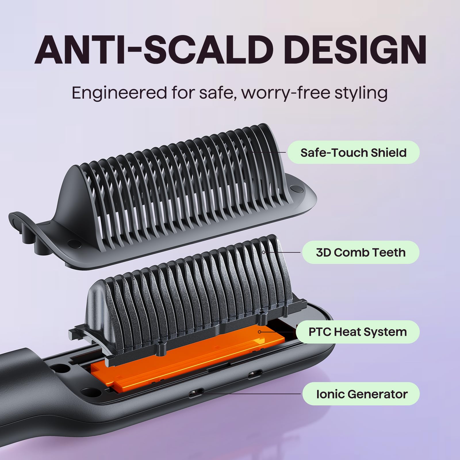 Wavytalk straightener brush anti-scald frame protects during styling for safer use.