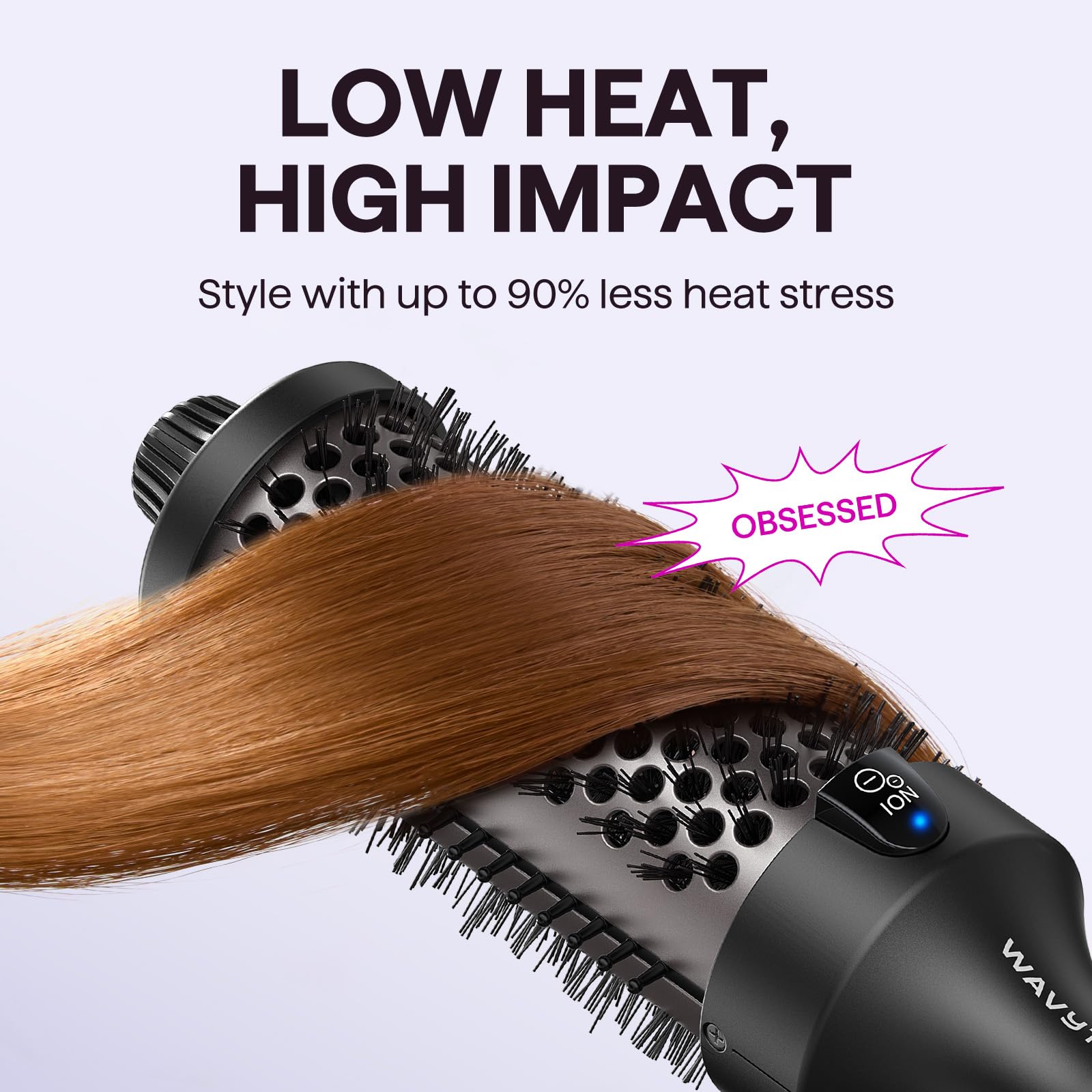 Wavytalk Thermal Brush Negative-ion emission graphic illustrating frizz control