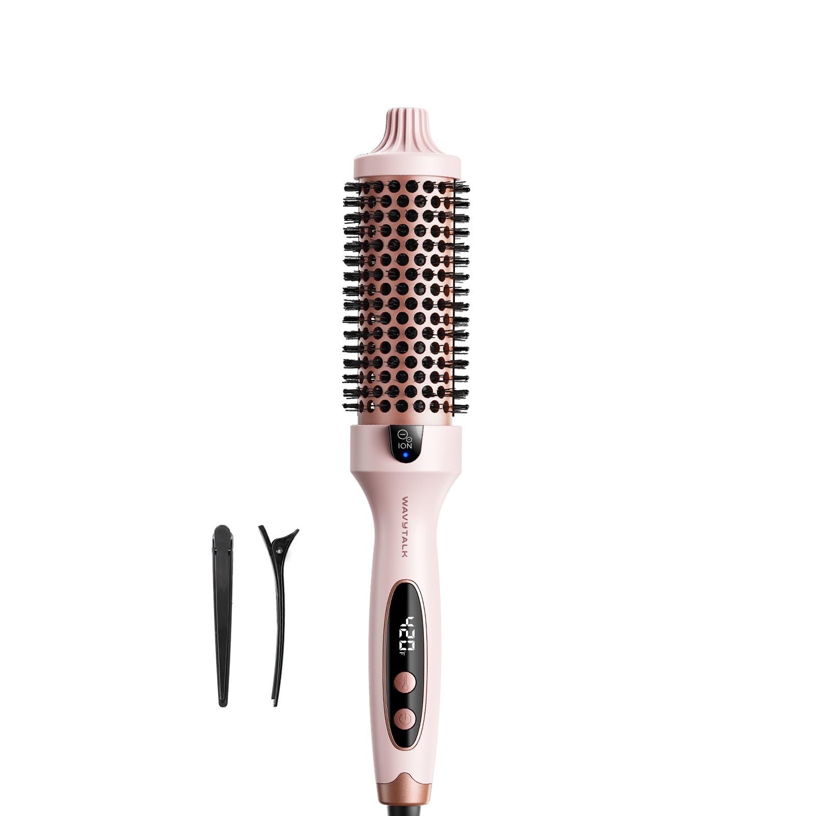 Wavytalk Thermal Brush pink handle close-up for comfortable grip and smooth styling.