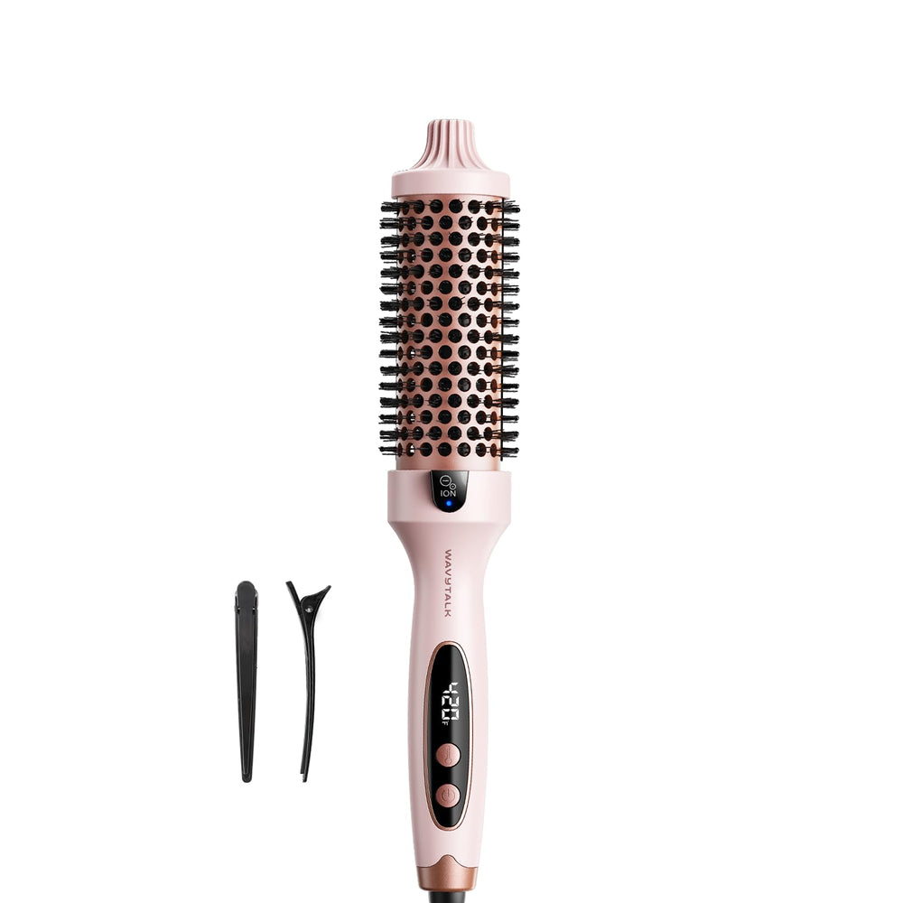 Wavytalk Thermal Brush pink handle close-up for comfortable grip and smooth styling.