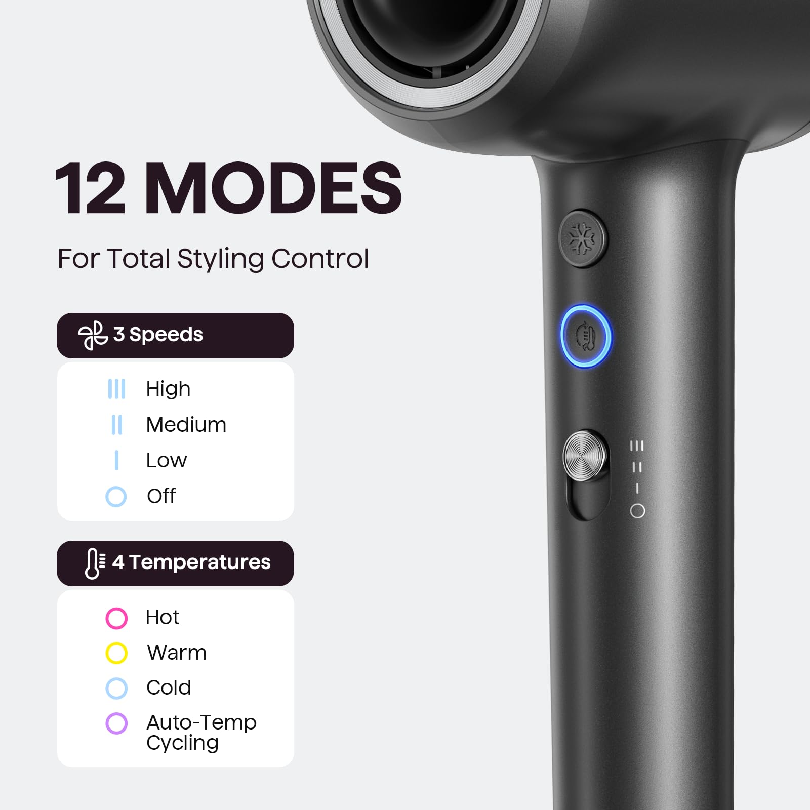 12 settings including speeds and temperatures, plus instant cold shot.