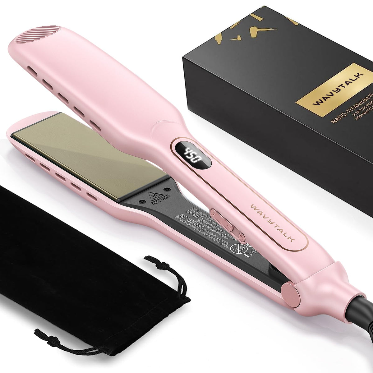 Wavytalk Wet to Straight pink close-up shows titanium plate for smooth styling