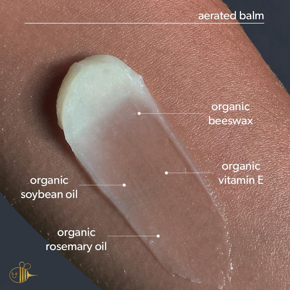 Waxelene Original Aerated Balm ingredients panel highlighting USDA organic oils and beeswax.