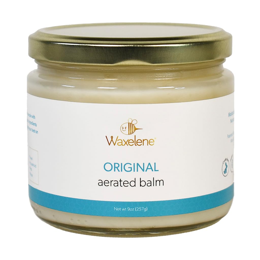 Waxelene Original Aerated Balm large jar packaging showcasing soothing organic ingredients.