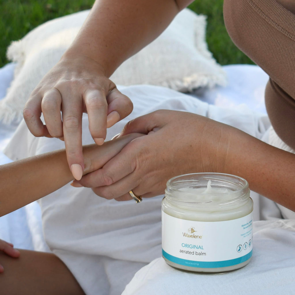 Waxelene Original Aerated Balm texture close-up highlighting silky breathable barrier.