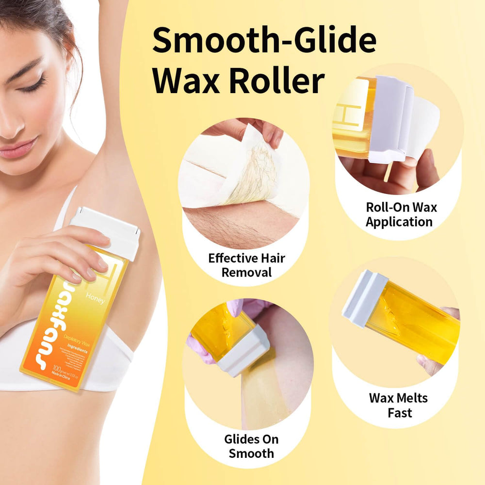 Waxfans honey wax refill closeup highlights natural formula for gentle hair removal.