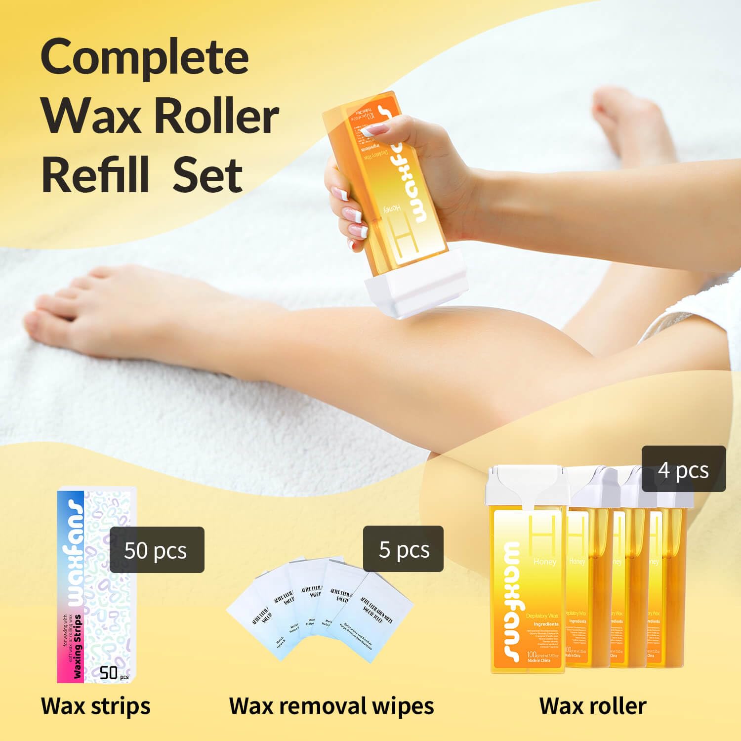 Waxfans packaging honey roll-on refill communicates value and kit contents clearly.