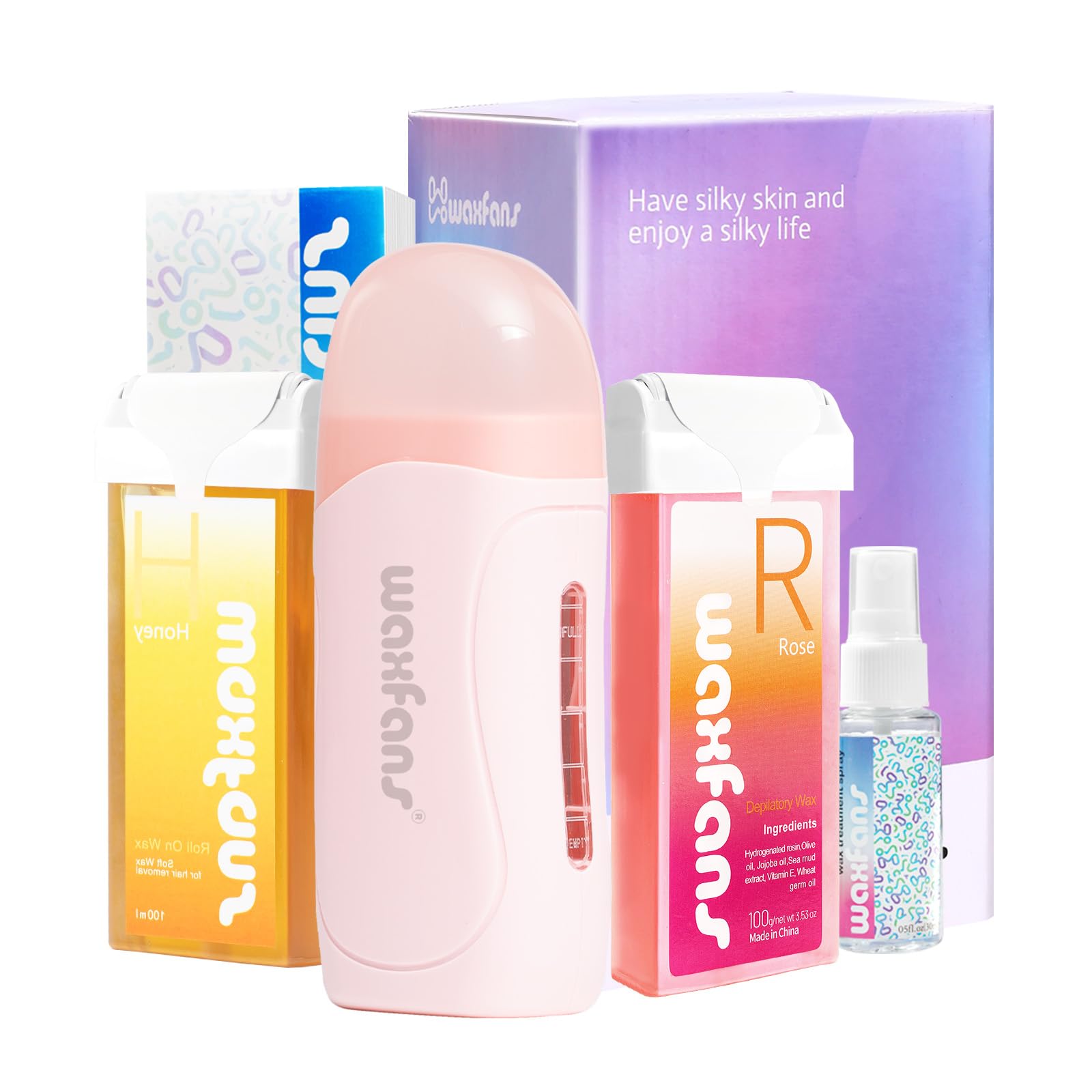 Waxfans Roll-On Wax Kit wax warmer enables quick, mess-free at-home hair removal.