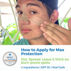 Waxhead sensitive-skin sunscreen applying to cheek showing cocoa tint and matte finish.