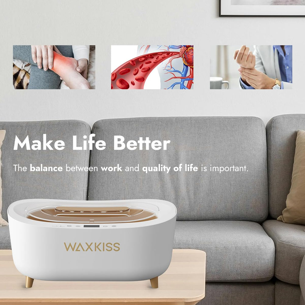Waxkiss foot care demo showing paraffin session for relaxed, hydrated feet.