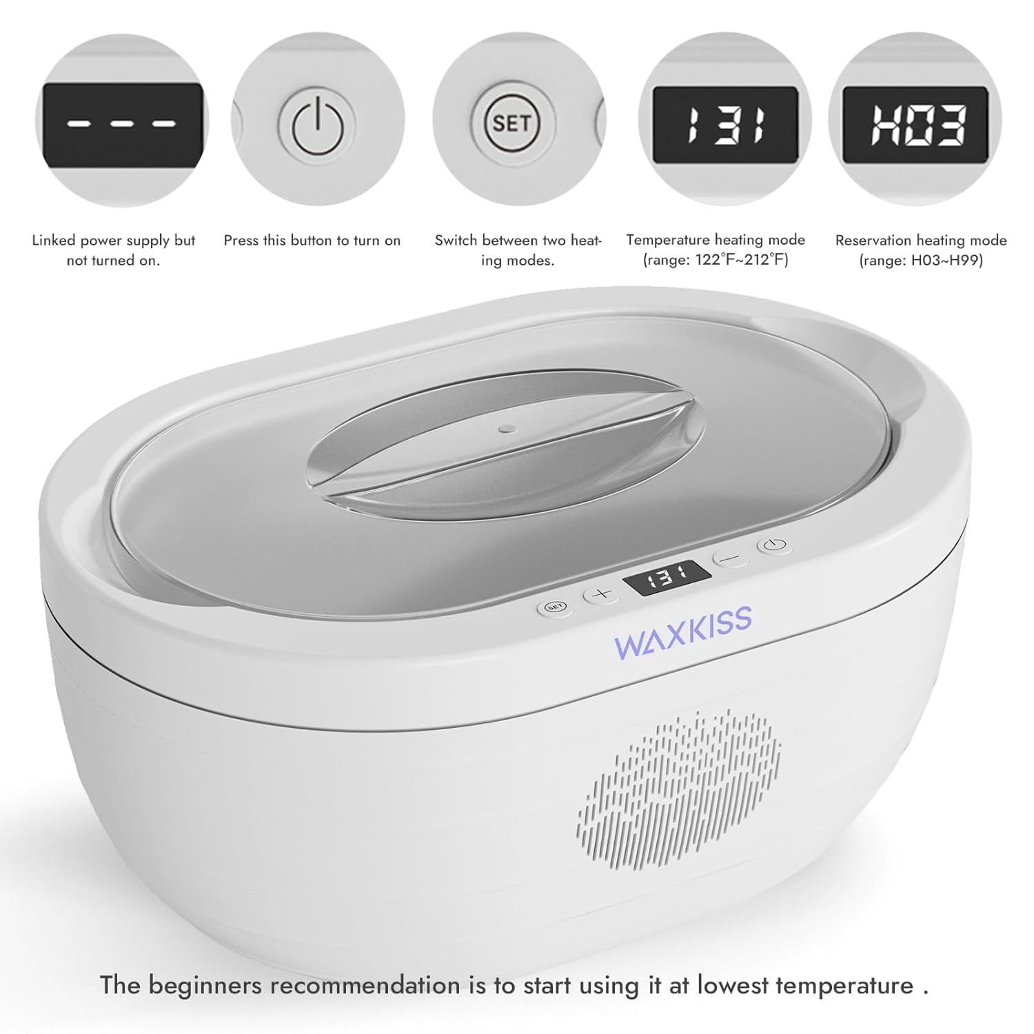 Waxkiss paraffin machine digital display showing precise temperature.